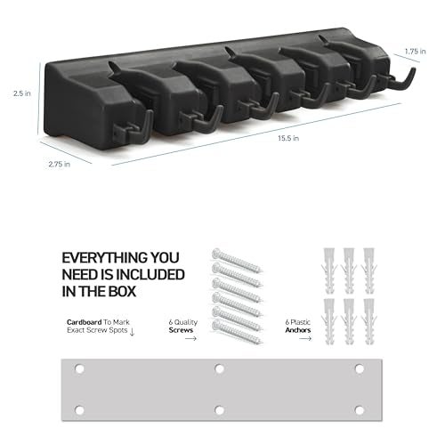 Home-it Mop and Broom Holder Wall Mount - Garage Storage Organizer with 5 Slots, 6 Hooks, 7.5lbs Capacity Per Slot - Home, Kitchen, Closet, Garden Tools, Laundry Room Organization – Black Broom Hanger - Image 2