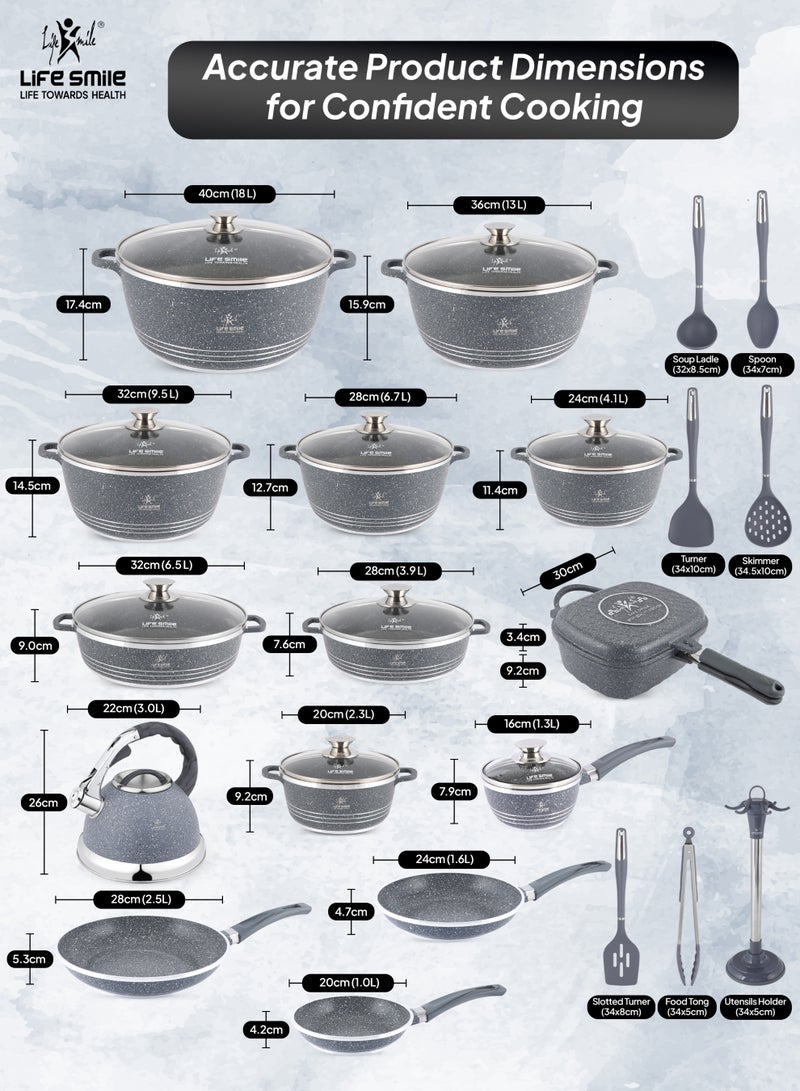 Life Smile Nonstick Cookware Set 31 pcs Cookwares-Induction Base Pots and Pans set-Granite Coating Cooking Pots set Includes,20/24/28/32/36/40cm Casseroles with Lid ,28/32cm Shallow Pots with Lid,30cm Double Grill Pan, 1.3L Sauce Pan with Lid,3.0L Whistling Kettle, 20/24/28cm Frying Pans & Silicone Kitchen Spoons set with Stand - Image 3