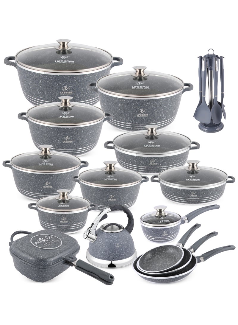 Life Smile Nonstick Cookware Set 31 pcs Cookwares-Induction Base Pots and Pans set-Granite Coating Cooking Pots set Includes,20/24/28/32/36/40cm Casseroles with Lid ,28/32cm Shallow Pots with Lid,30cm Double Grill Pan, 1.3L Sauce Pan with Lid,3.0L Whistling Kettle, 20/24/28cm Frying Pans & Silicone Kitchen Spoons set with Stand - Image 1