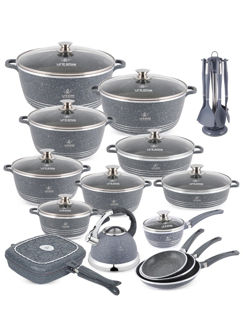 Life Smile 31pcs Nonstick Granite Cookware Set – Premium Non Stick Cookwares, Kitchen Cooking Pots & Soup Pots | Induction Base Pots & Pans Set | Casseroles (20/24/28/32/36/40cm) with Lids, 28/32cm Shallow Pots, 30cm Double Grill Pan, 1.3L Sauce Pan, 3.0L Whistling Kettle, Frying Pans (20/24/28cm) & Silicone Kitchen Spoons with Stand - Image 1