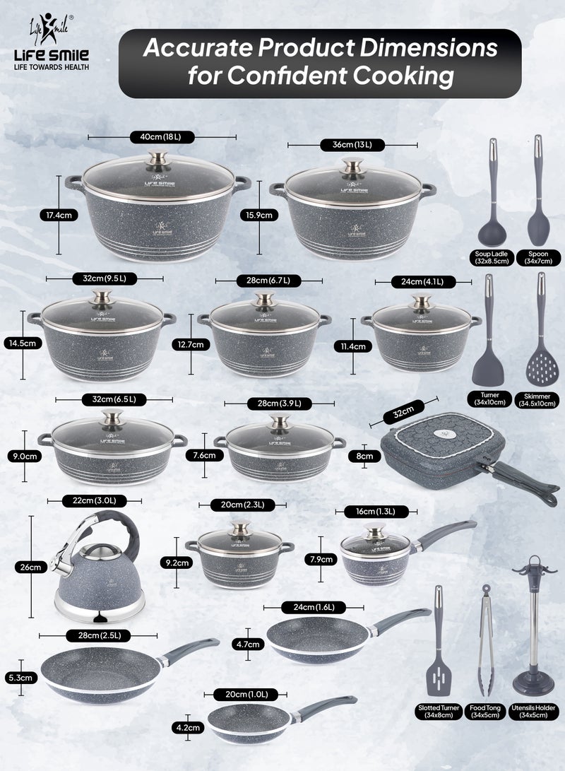 Life Smile 31pcs Nonstick Granite Cookware Set – Premium Non Stick Cookwares, Kitchen Cooking Pots & Soup Pots | Induction Base Pots & Pans Set | Casseroles (20/24/28/32/36/40cm) with Lids, 28/32cm Shallow Pots, 30cm Double Grill Pan, 1.3L Sauce Pan, 3.0L Whistling Kettle, Frying Pans (20/24/28cm) & Silicone Kitchen Spoons with Stand - Image 3