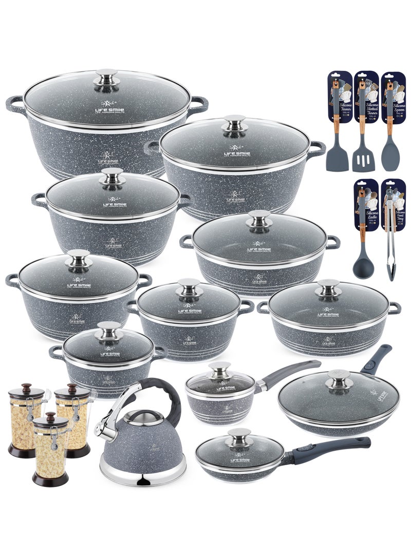 Life Smile طقم أواني الطهي غير اللاصقة من الجرانيت 31 قطعة – أواني طهي غير لاصقة متميزة، أواني الطهي والمقالي | طقم أواني وقواعد تحريض | أطباق خزفية (20/24/28/32/36/40 سم) مع أغطية، أواني ضحلة 28/32 سم، مقلاة مزدوجة 30 سم، قدر صلصة 1.3 لتر، غلاية صفارة 3.0 لتر، مقالي (20/24/28 سم) وملاعق مطبخ سيليكون مع حامل. - Image 1
