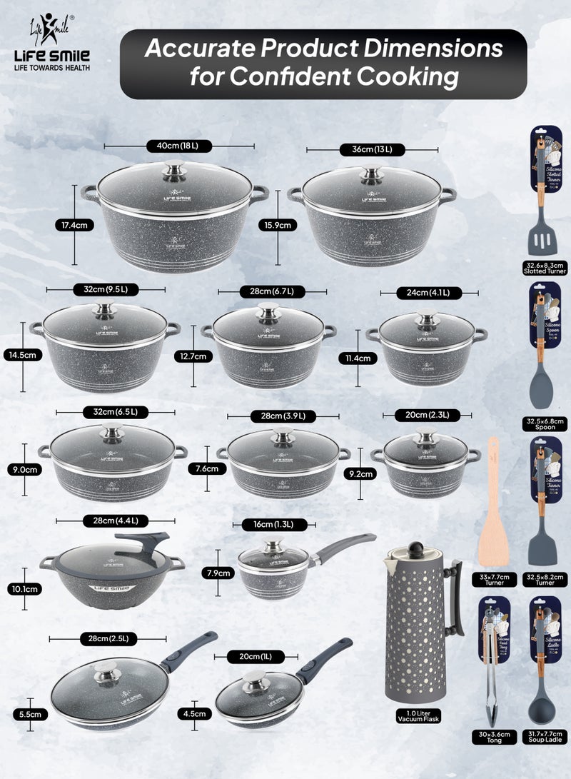 Life Smile 31pcs Nonstick Granite Cookware Set – Premium Non Stick Cookwares, Kitchen Cooking Pots & Soup Pots | Pots & Pans Set | Casseroles (20/24/28/32/36/40cm) with Lids, 28/32cm Shallow Pots,1.3L Sauce Pan, 1.0L Vacuum Flask, Frying Pans (20/28cm),Wok pan(28cm) & Silicone Kitchen Spoons with Stand - Image 3