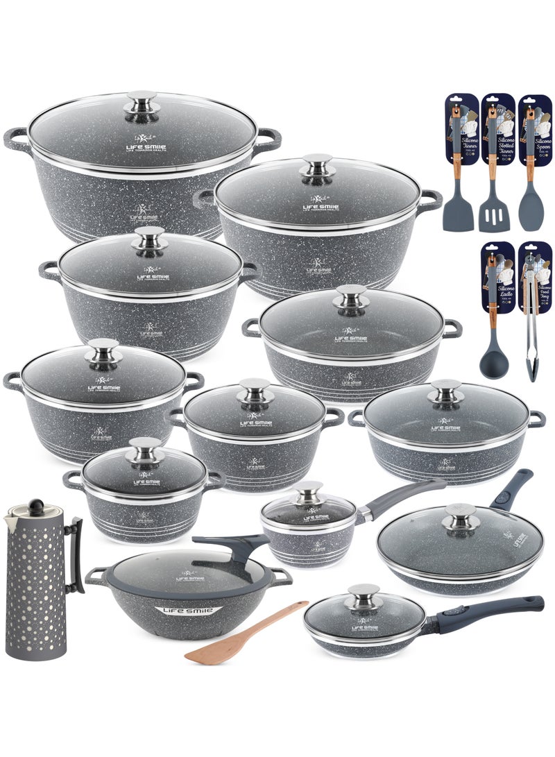 Life Smile 31pcs Nonstick Granite Cookware Set – Premium Non Stick Cookwares, Kitchen Cooking Pots & Soup Pots | Pots & Pans Set | Casseroles (20/24/28/32/36/40cm) with Lids, 28/32cm Shallow Pots,1.3L Sauce Pan, 1.0L Vacuum Flask, Frying Pans (20/28cm),Wok pan(28cm) & Silicone Kitchen Spoons with Stand - Image 1