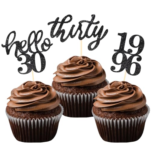 BCHOCKS 24 Pcs Black Glitter 30th Birthday Cupcake Toppers for 30th Anniversary Birthday Party Wedding Party Decorations - Image 1