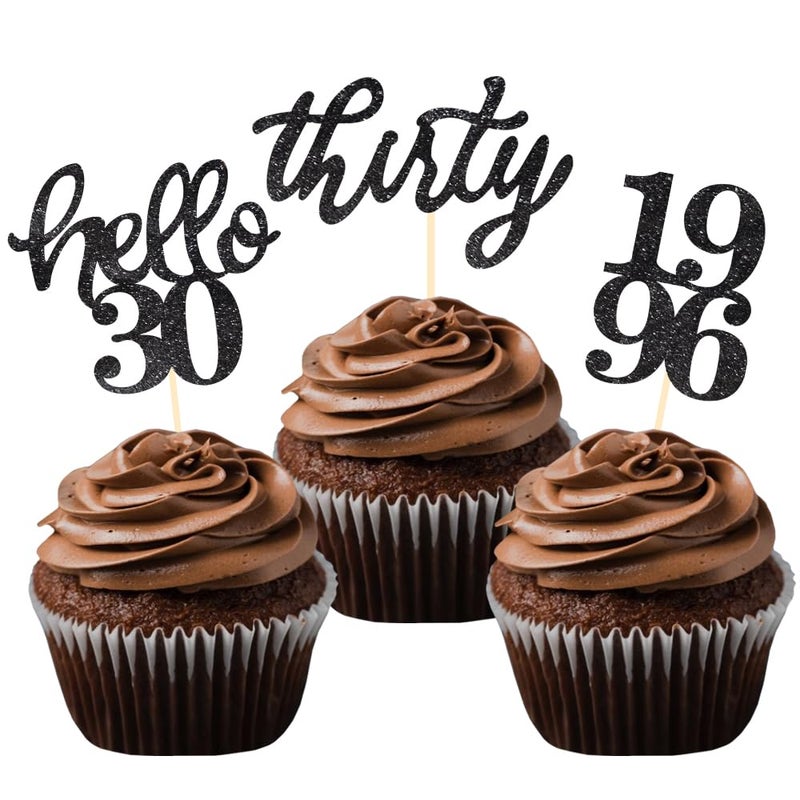 BCHOCKS 24 Pcs Black Glitter 30th Birthday Cupcake Toppers for 30th Anniversary Birthday Party Wedding Party Decorations - Image 3
