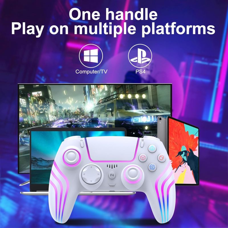 Wireless PS4 Controller: White 1000 mAh Battery - 10M Reliable Wireless Connection, Anti-Slip Texture, Macro Programming, 6-Axis Sensor, Double Shock, LED Lighting for PS4, PS4 Pro, PS4 Slim, PC Gamer - Image 4
