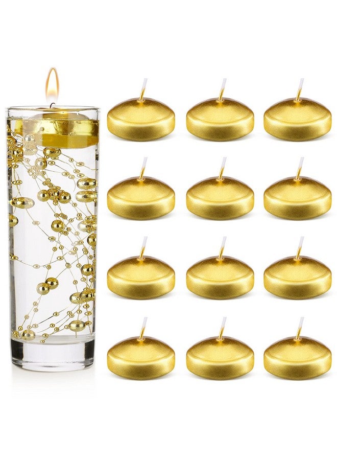Nuanchu 12 Pieces 1. 65 Inch Floating Candles for Wedding Centerpiece, Small Unscented Floating Round Tealights Metallic Smooth Wax Disc Candles for Graduation Dinner Home Decor(Gold) - Image 1