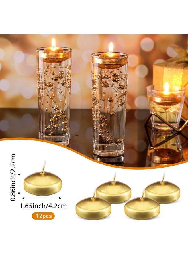 Nuanchu 12 Pieces 1. 65 Inch Floating Candles for Wedding Centerpiece, Small Unscented Floating Round Tealights Metallic Smooth Wax Disc Candles for Graduation Dinner Home Decor(Gold) - Image 2