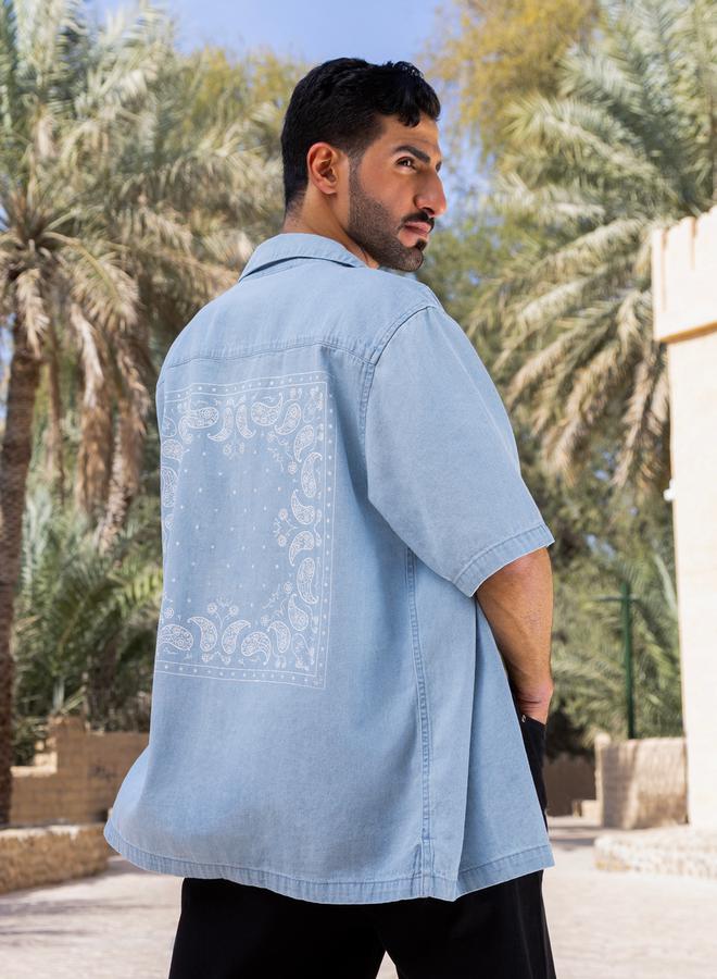 Styli Mens Light Blue Graphic Button-Down Denim Shirt - Image 5