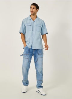 Styli Mens Light Blue Graphic Button-Down Denim Shirt  - Image 2