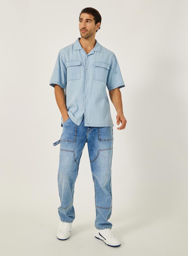 Styli Mens Light Blue Graphic Button-Down Denim Shirt - Image 2