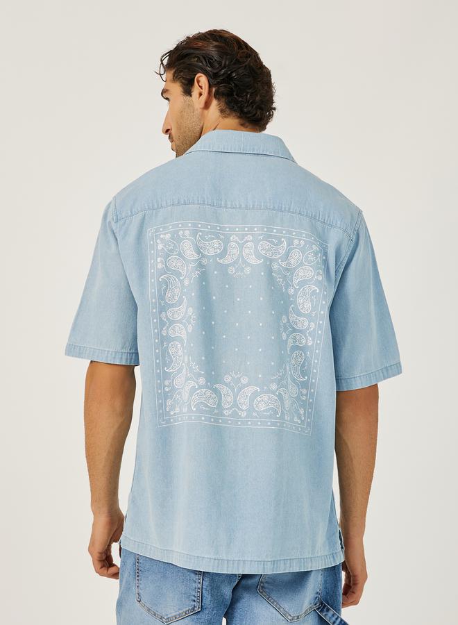 Styli Mens Light Blue Graphic Button-Down Denim Shirt - Image 4