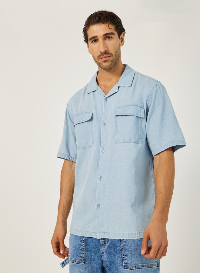 Styli Mens Light Blue Graphic Button-Down Denim Shirt - Image 1