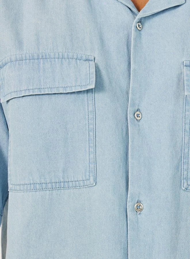 Styli Mens Light Blue Graphic Button-Down Denim Shirt