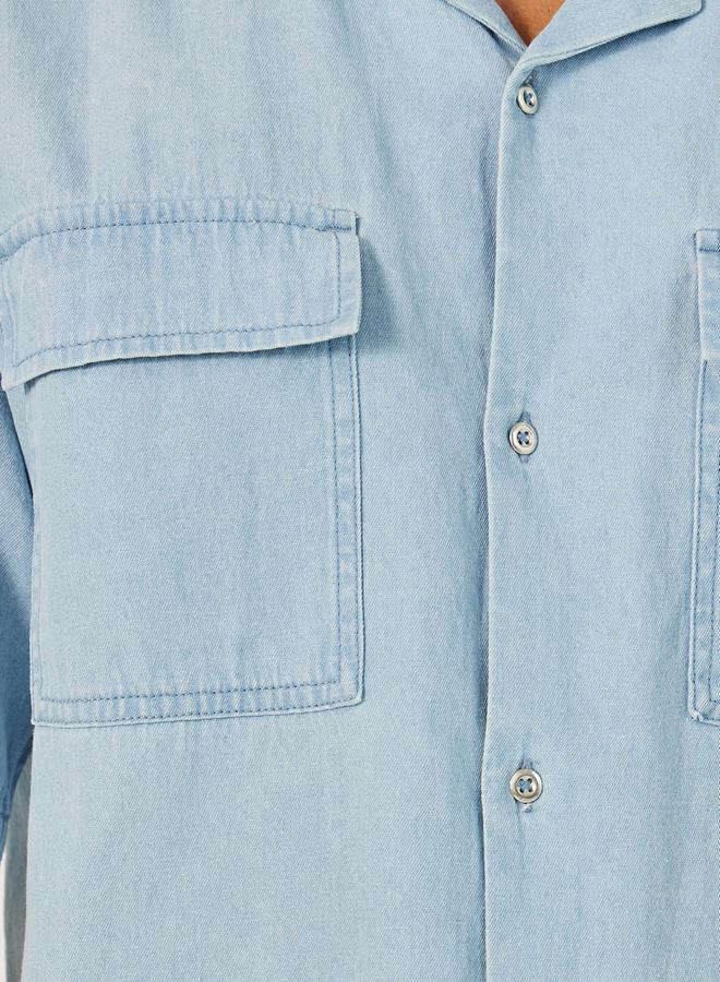 Styli Mens Light Blue Graphic Button-Down Denim Shirt - Image 3