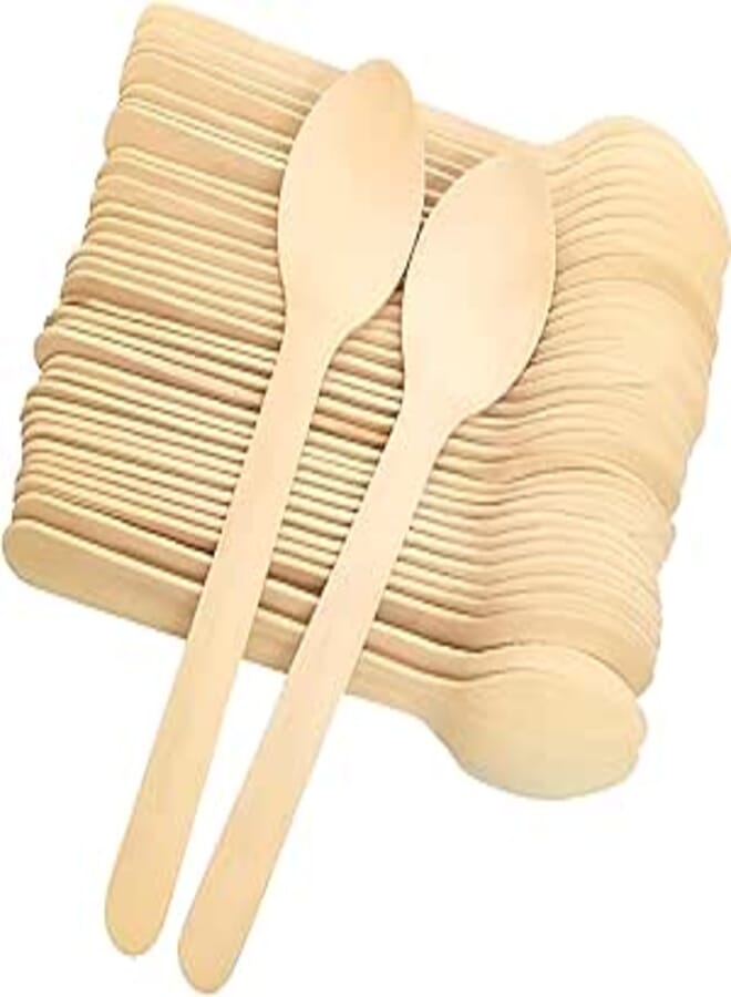 Auzest 100-Piece Disposable Cutlery Set, Wooden Spoon Set - Eco Friendly, Biodegradable, Compostable Utensils for Camping, BBQ, Picnic, Parties, Home, Work. Plastic Free, Disposable Tableware - 16cm