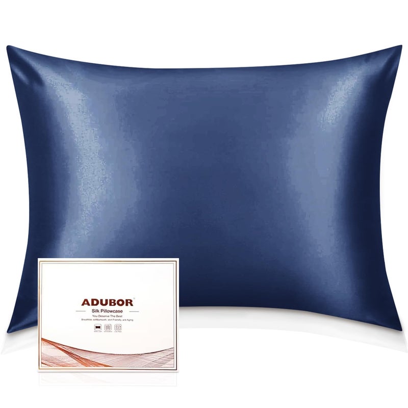 Adubor Silk Pillowcase  Mulberry Silk Pillow Case 23 Momme 6A Grade Fibers 900 Thread Count Silk Pillow Cases for Hair and Skin Health with Hidden Zipper King 2040 Navy Blue 1PC