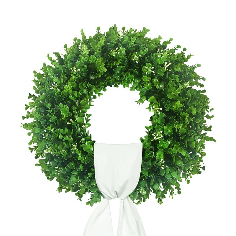 Hecaty 20'' Boxwood Wreaths for Front Door, UV Resistant Leaves & White Flower Buds, Artificial Green Spring Wreath with a Sash for Farmhouse Wedding Outdoor Indoor Summer St Patricks Day Decor - Image 1