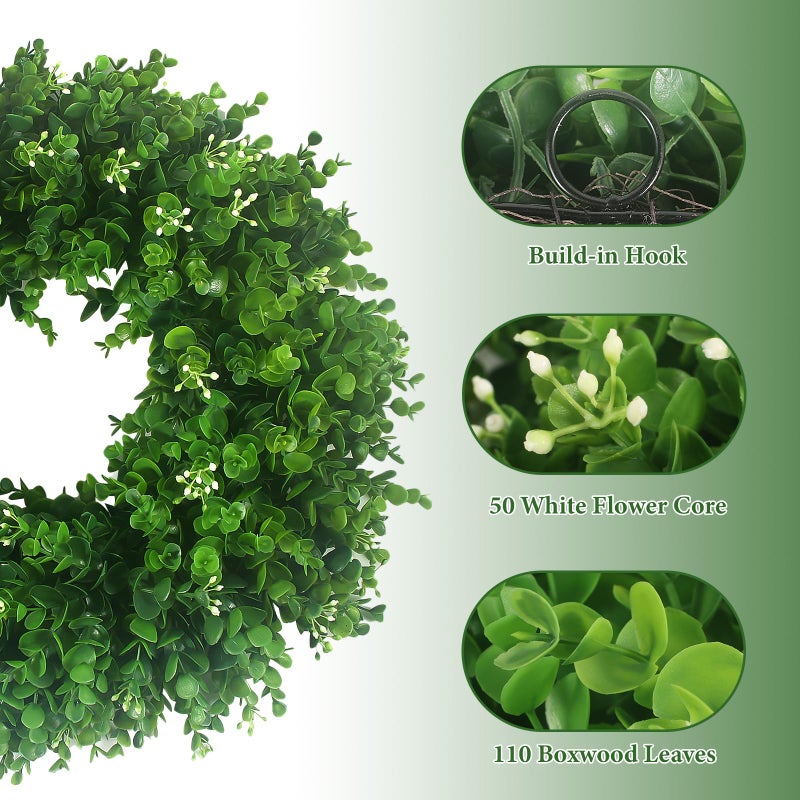 Hecaty 20'' Boxwood Wreaths for Front Door, UV Resistant Leaves & White Flower Buds, Artificial Green Spring Wreath with a Sash for Farmhouse Wedding Outdoor Indoor Summer St Patricks Day Decor - Image 2
