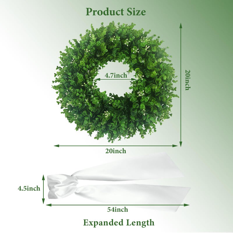 Hecaty 20'' Boxwood Wreaths for Front Door, UV Resistant Leaves & White Flower Buds, Artificial Green Spring Wreath with a Sash for Farmhouse Wedding Outdoor Indoor Summer St Patricks Day Decor - Image 3
