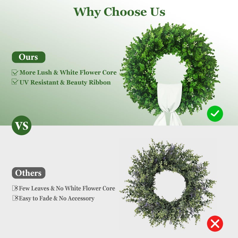Hecaty 20'' Boxwood Wreaths for Front Door, UV Resistant Leaves & White Flower Buds, Artificial Green Spring Wreath with a Sash for Farmhouse Wedding Outdoor Indoor Summer St Patricks Day Decor - Image 4
