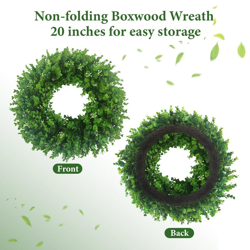 Hecaty 20'' Boxwood Wreaths for Front Door, UV Resistant Leaves & White Flower Buds, Artificial Green Spring Wreath with a Sash for Farmhouse Wedding Outdoor Indoor Summer St Patricks Day Decor - Image 5