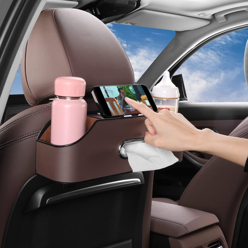 HALOYIVGO Car Seat Back Organizer - Stylish & Functional Storage for Family Adventures - Cup Holders, Tissue Box & Hooks - Perfect for Kids, Road Trips & Travel (Brown) - Image 5
