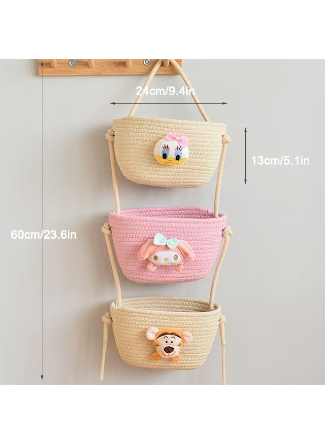 FUNCOT Hanging Baskets for Organizing,3-Tier Woven Cotton Wall-Mounted Storage Organizer Bag Decorative,Kitchen,Living Room,Bedroom  - Image 3