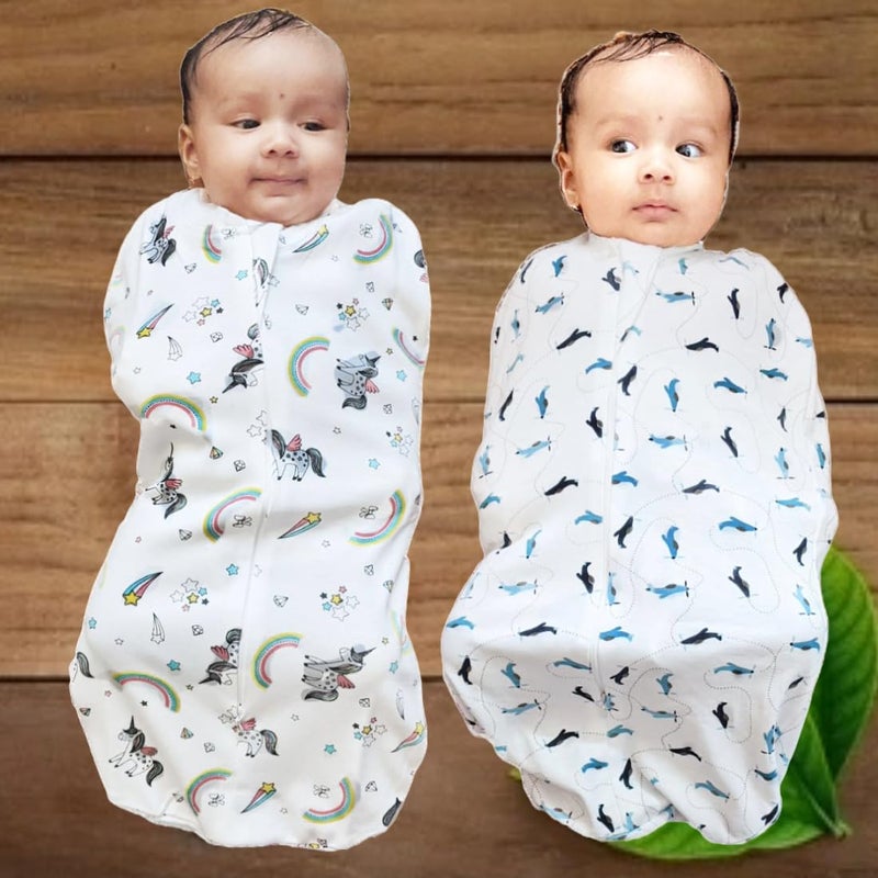 MammaChamp Zipper POD Swaddle Sleeping Sack Blankets Wrap Bag New Born Baby for 03 Months Pack of 2 Aeroplane Design Unicorn Design - Image 2