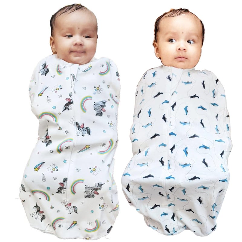 MammaChamp Zipper POD Swaddle Sleeping Sack Blankets Wrap Bag New Born Baby for 03 Months Pack of 2 Aeroplane Design Unicorn Design - Image 1