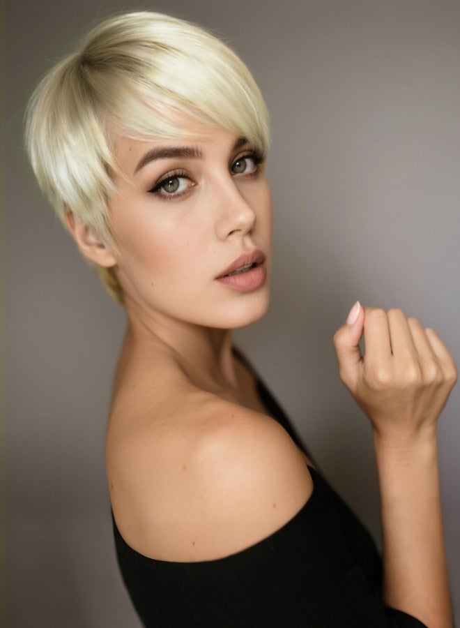 QUEENTAS Short Blonde Wigs with Bangs Pixie Layered Short Pixie Cut Wigs for White Women Synthetic Hair (Platinum Blonde with Light Brown Dark Root) - Image 1