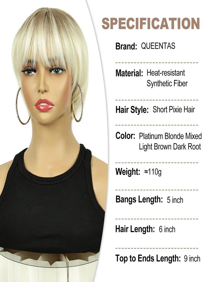 QUEENTAS Short Blonde Wigs with Bangs Pixie Layered Short Pixie Cut Wigs for White Women Synthetic Hair (Platinum Blonde with Light Brown Dark Root) - Image 2
