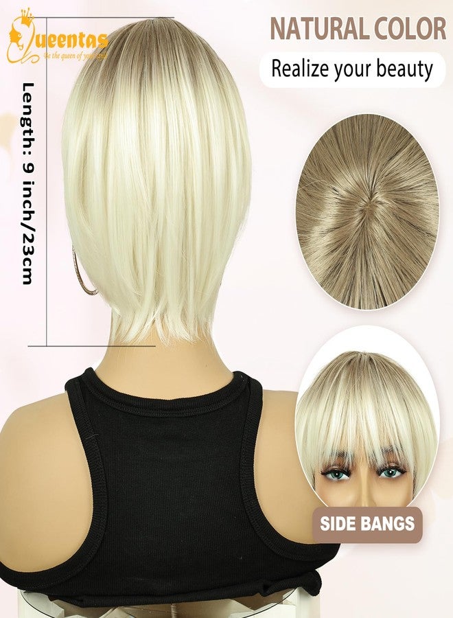 QUEENTAS Short Blonde Wigs with Bangs Pixie Layered Short Pixie Cut Wigs for White Women Synthetic Hair (Platinum Blonde with Light Brown Dark Root) - Image 4