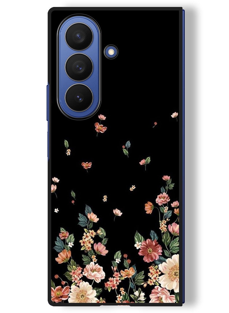 Theodor حافظة متوافقة مع سامسونج جالاكسي زد فولد 7 - 8 بوصة حماية مضادة للصدمات غطاء بامبر زهور على خلفية سوداء - Image 1