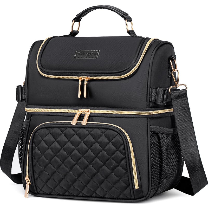 Romenrita Lunch Bags for Women Dual Compartment Lunch Box Lunch Bag for Work Leakproof Lunch Cooler Large Insulated Lunchbox for Adult for Women Men Lunchbag for Picnic Beach Black