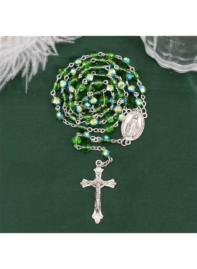Arabest Store Green Crystallized Glass Beads Rosary Necklace Holy Mary Medal & Cross Crucifix Handmade Christian Holy Rosary for Men and Women - Image 2
