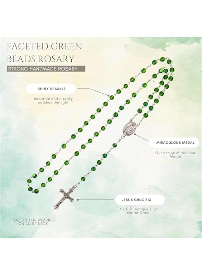 Arabest Store Green Crystallized Glass Beads Rosary Necklace Holy Mary Medal & Cross Crucifix Handmade Christian Holy Rosary for Men and Women - Image 3