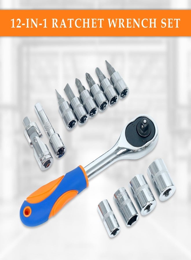 GLUN® Product Title Multipurpose Ratchet Wrench Tools Set, 1/4 Inch 12 in 1 Socket, Quick Release Ratchet Handles with Extensions, Combination Wrenches Chrome Finish - Image 3