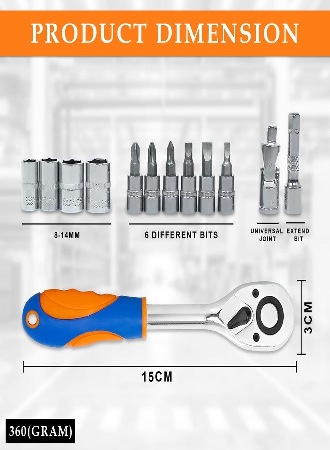 GLUN® Product Title Multipurpose Ratchet Wrench Tools Set, 1/4 Inch 12 in 1 Socket, Quick Release Ratchet Handles with Extensions, Combination Wrenches Chrome Finish - Image 4