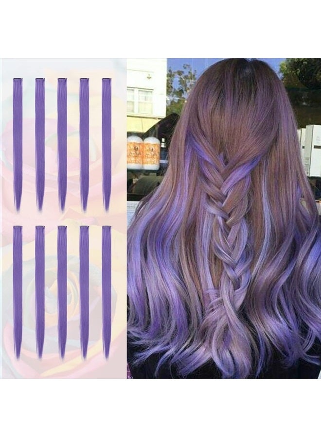 Sofeiyan 10 Pcs Colored Hair Extensions Party Highlights Colorful Clip in Hair Extensions 22 Inch Straight Synthetic Hairpieces for Women Kids Girls Halloween Christmas Cosplay, 10pcs Grey Purple - Image 1