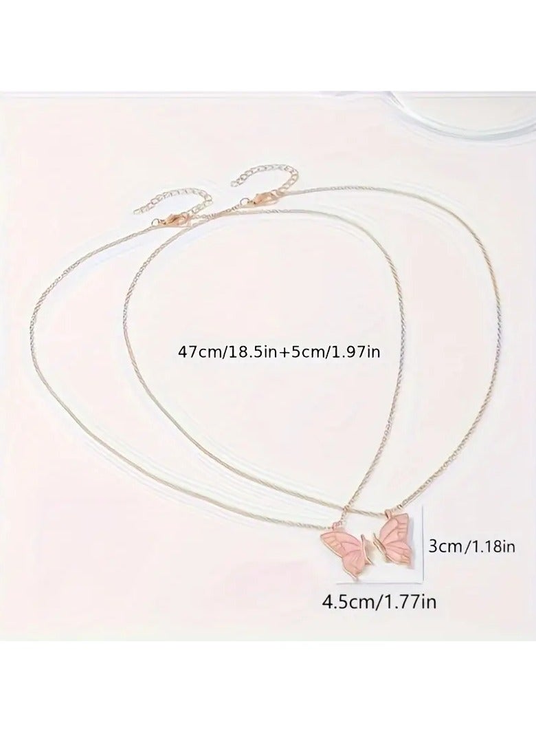 Goolsky 2pc Pink Color Butterfly Pendant Necklace Adjustable Zinc Alloy Neck Chain Jewelry For Couples - Image 2