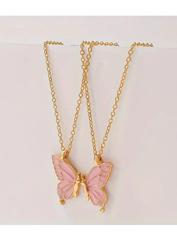 Goolsky 2pc Pink Color Butterfly Pendant Necklace Adjustable Zinc Alloy Neck Chain Jewelry For Couples - Image 5