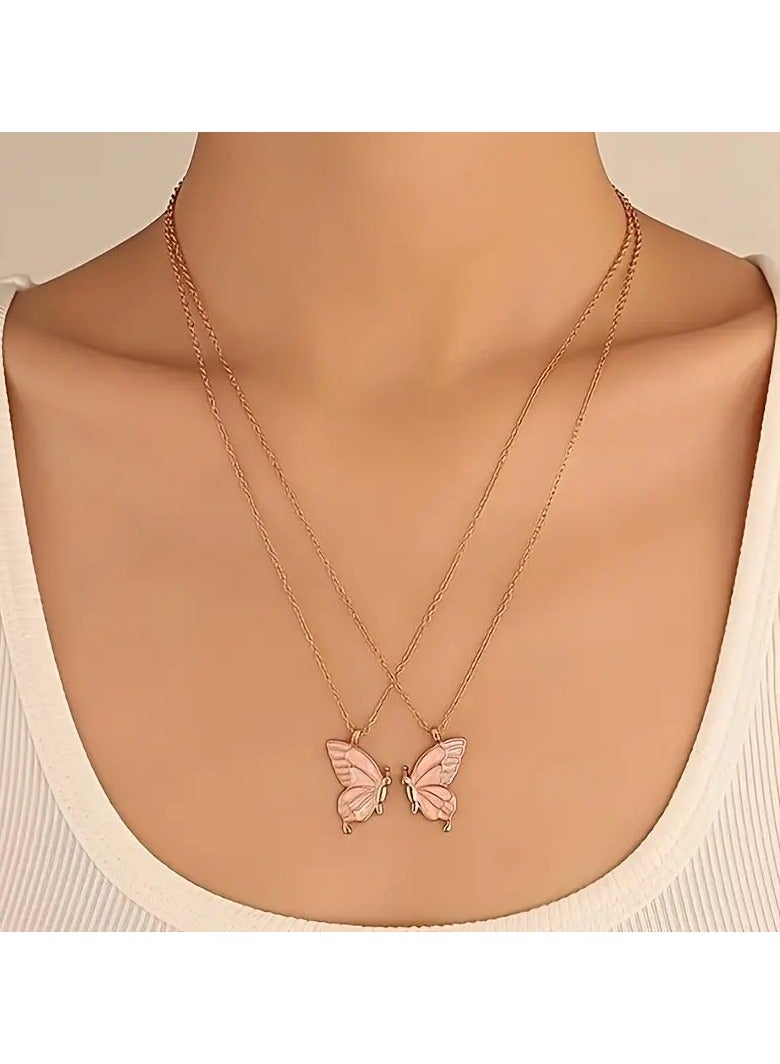 Goolsky 2pc Pink Color Butterfly Pendant Necklace Adjustable Zinc Alloy Neck Chain Jewelry For Couples - Image 3