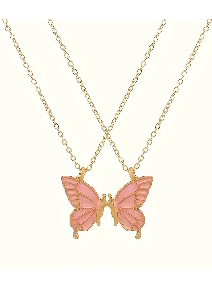 Goolsky 2pc Pink Color Butterfly Pendant Necklace Adjustable Zinc Alloy Neck Chain Jewelry For Couples - Image 1