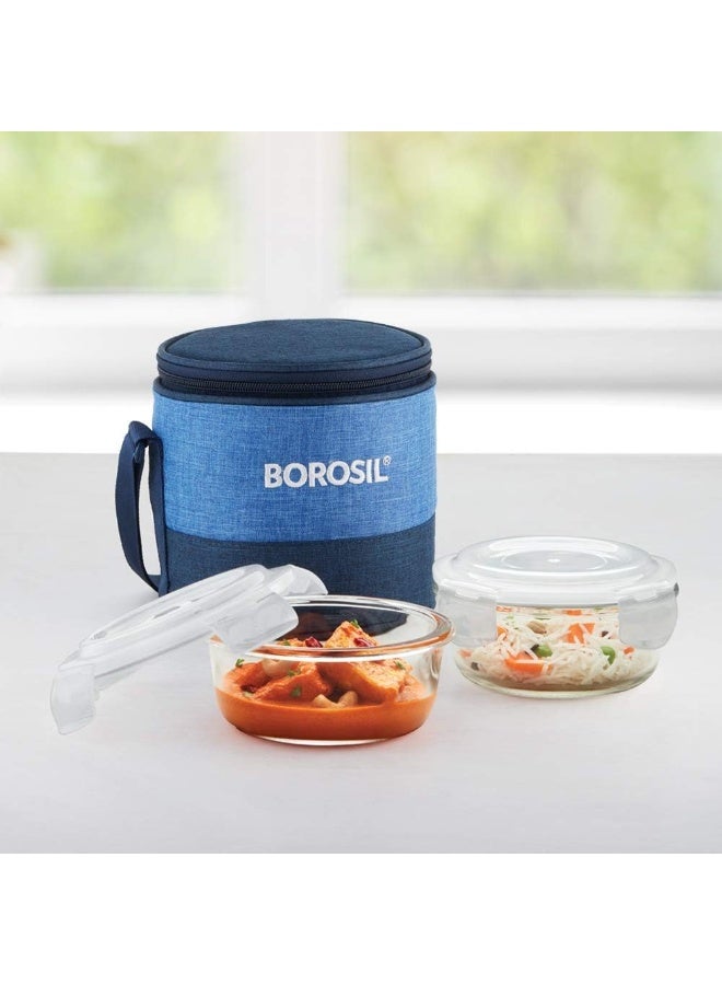 BOROSIL Prime Glass Lunch Box Set Of 2, 400 Ml, Round, Microwave Safe Office Tiffin, Blue, Transparent - Image 2