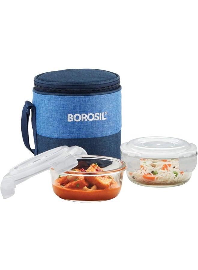 BOROSIL Prime Glass Lunch Box Set Of 2, 400 Ml, Round, Microwave Safe Office Tiffin, Blue, Transparent - Image 1