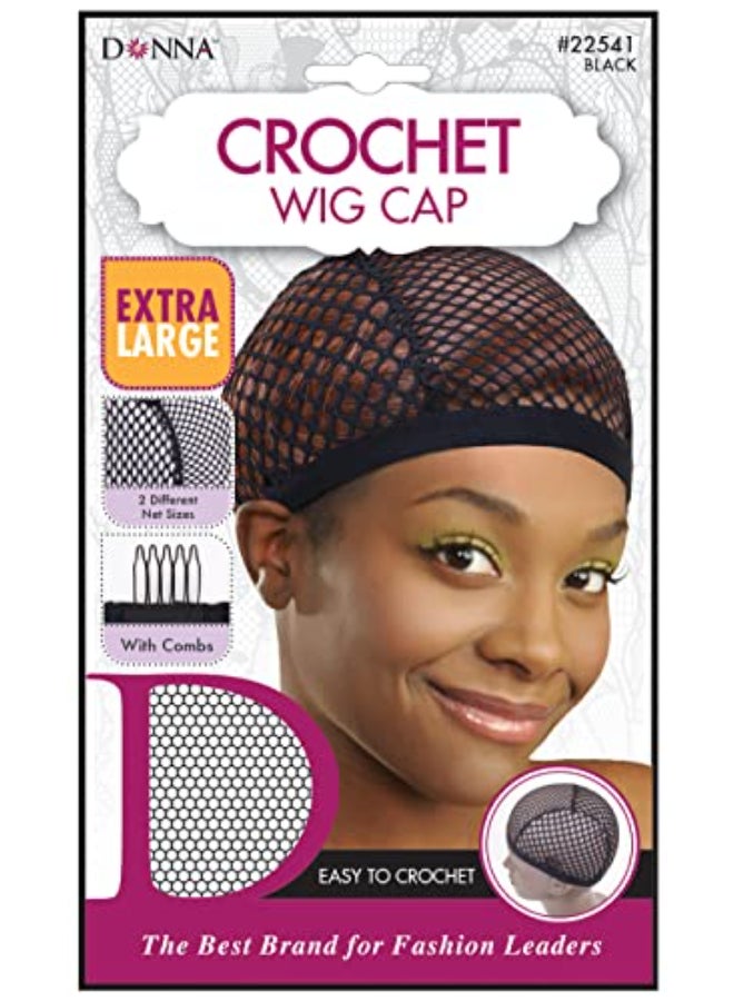 DONNA XL Crochet Wig Cap with Combs Extra Large Net Cap for Crochet Braids Wig Making and Weaves Dual Net Size for Secure Fit and Easy Installation Breathable Stretch Fabric for Comfort Black - Image 1
