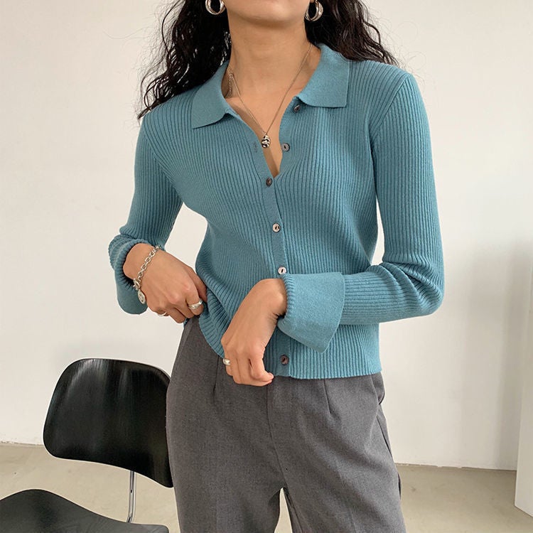 Lapel sweater womens retro solid color autumn thin short POLO collar simple cardigan outer bottoming shirt top Orange - Image 3
