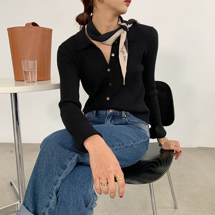 Lapel sweater womens retro solid color autumn thin short POLO collar simple cardigan outer bottoming shirt top Orange - Image 5